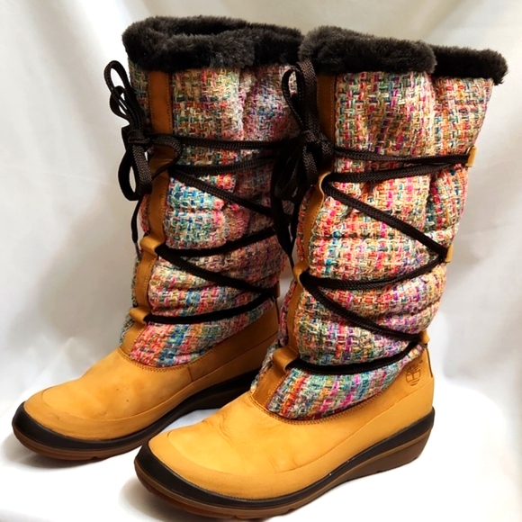 Timberland Multicolored Woven Knit Faux Fur Leather Tall boots (w size 8.5) - Picture 2 of 16